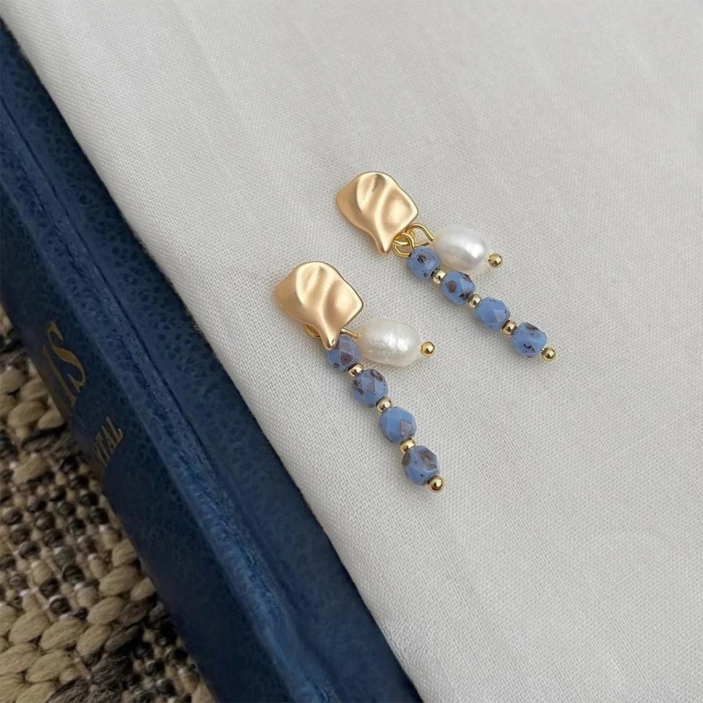 Handmade Ethnic Freshwater Pearl Czech Glass Geometric Long Drop Earrings