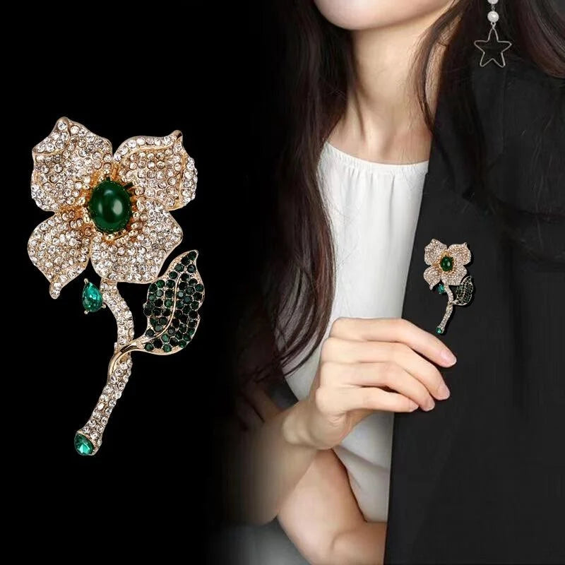 Elegant Full Rhinestone Flower Brooch With Green Zircon Leaf, Luxury Alloy Lapel Pin Corsage Suit Accessory