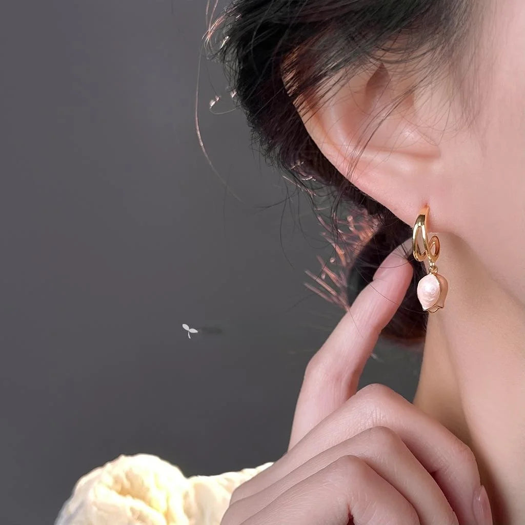 Sweet Pink Tulip Drop Earrings 14K Plated Copper Floral Oil Painting Enamel