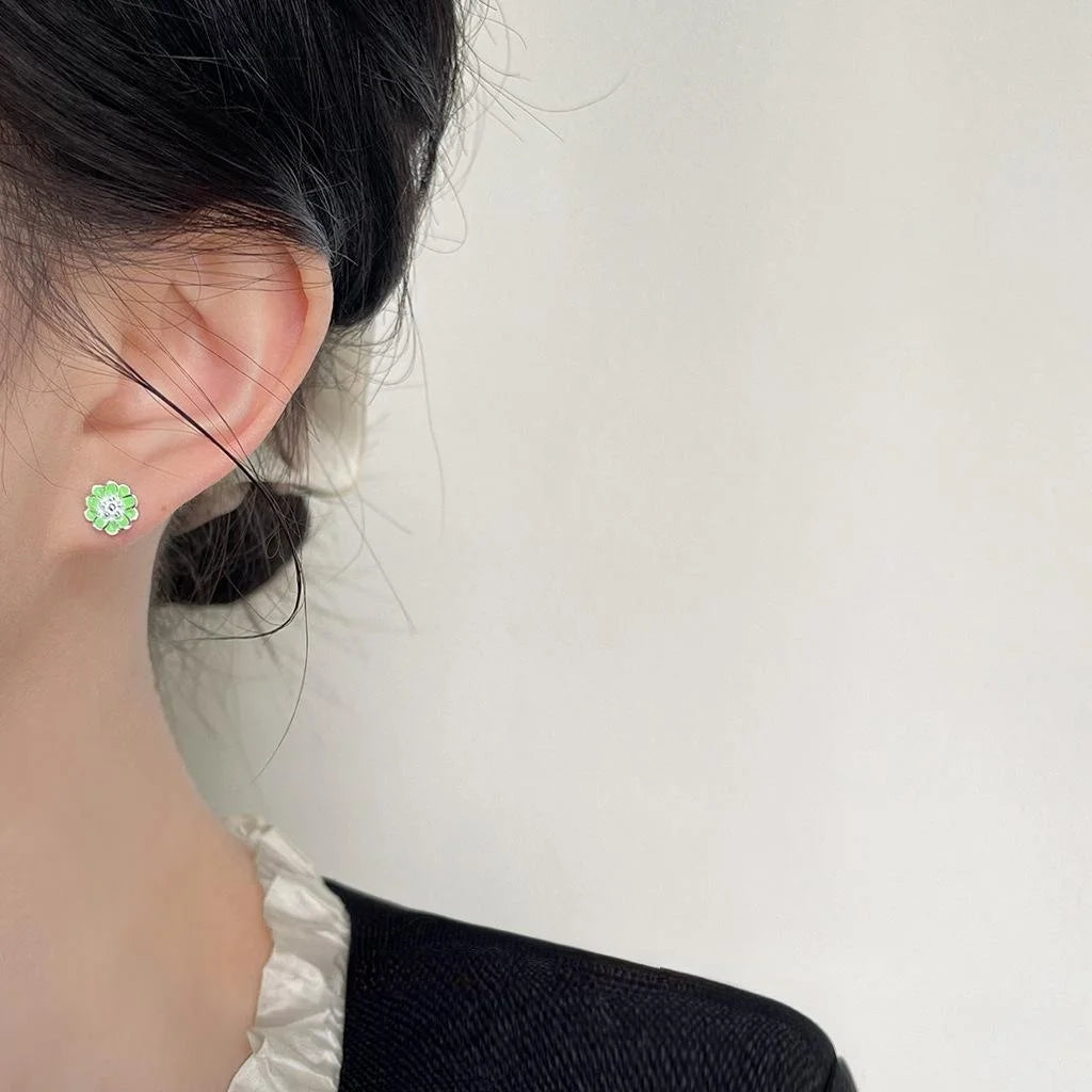 Forest Style Copper Flower Butterfly Asymmetric Enamel Stud Earrings Sweet Elegant Jewelry