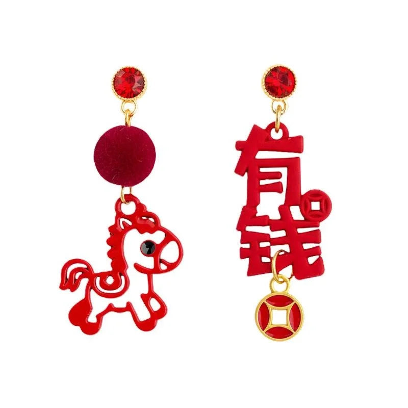 Guochao Red Horse Paper Cut Lacquer Enamel Rhinestone Drop Earrings For Women