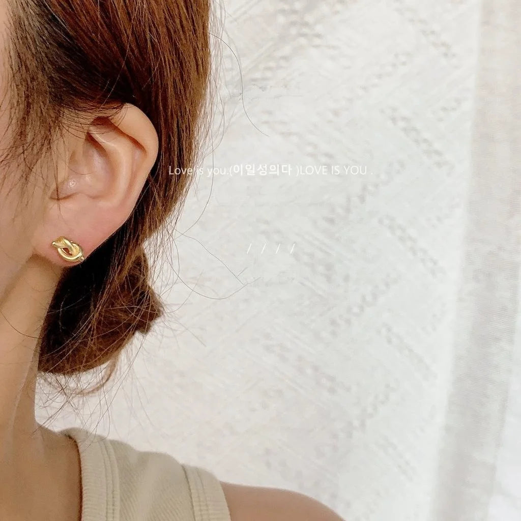 14K Gold Plated Copper Knot Stud Earrings For Women Minimalist Mini Geometric Korean Style