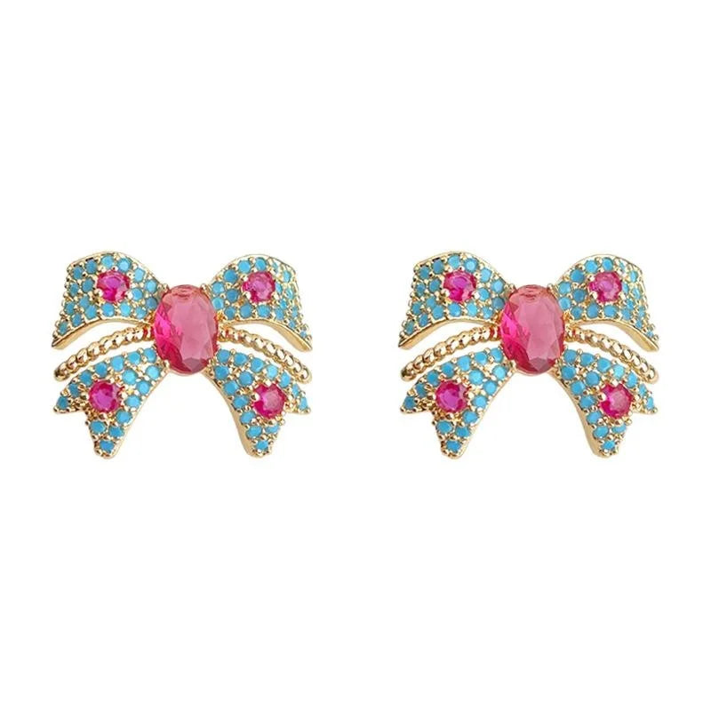 14K Plated Copper Blue Bow Stud Earrings With Micro Pave Zircon