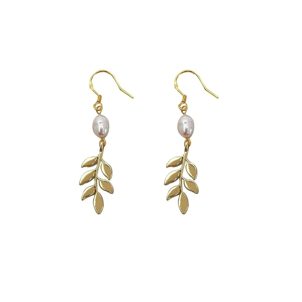 French Handmade Freshwater Pearl Copper Leaf Long Drop Earrings For Women Light Luxury Jewelry