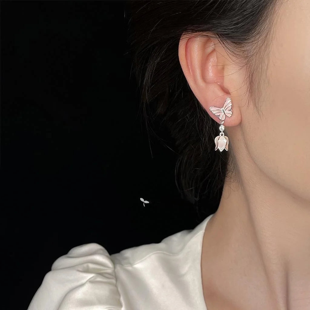 Sweet Pink Enamel Butterfly Flower Drop Earrings Eco Copper Silver Plated Pin Jewelry