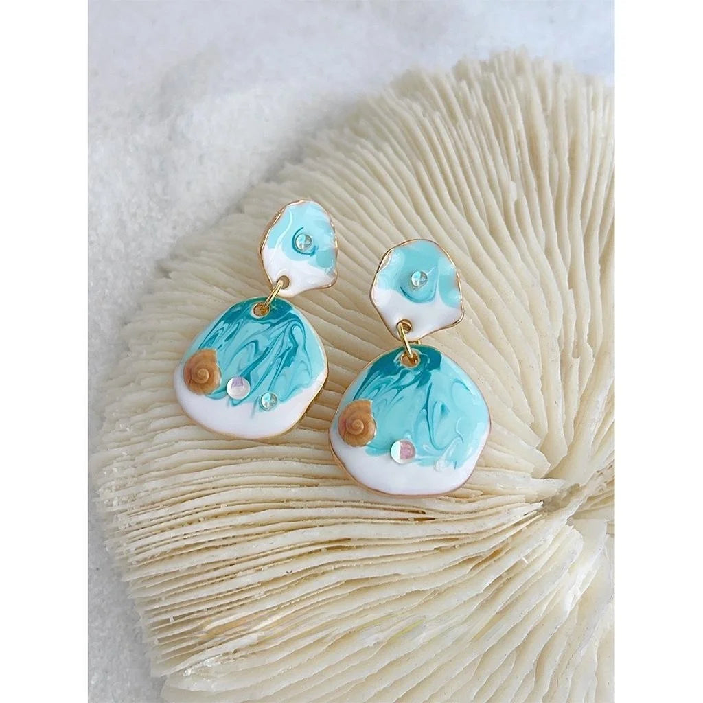 Blue Ocean Handmade Drip Glaze Copper Drop Earrings Irregular Geometric Resort Style Jewelry