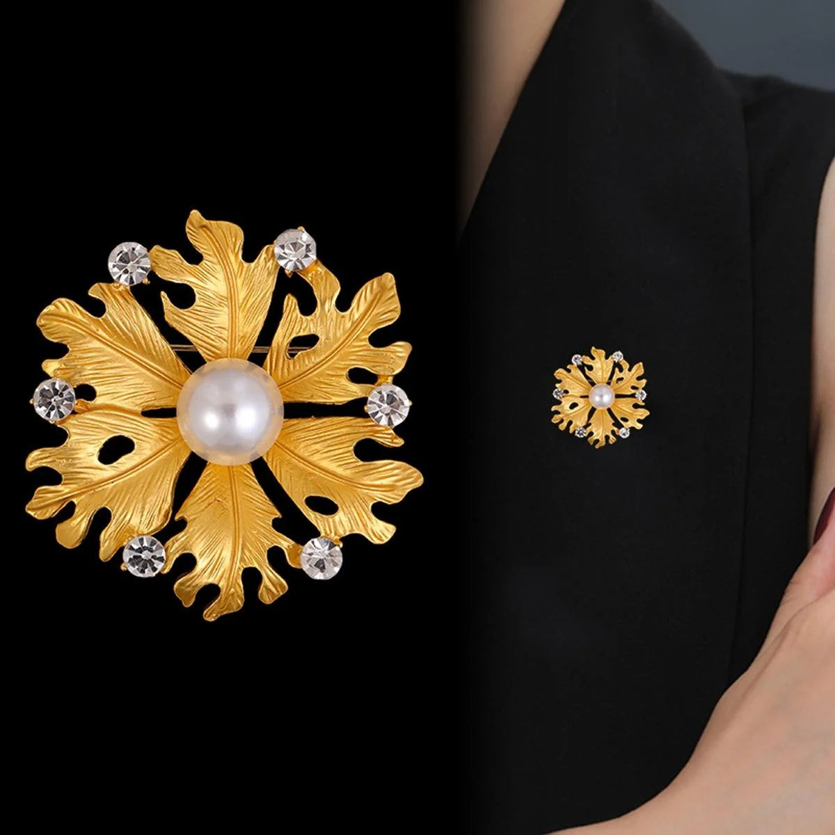 Elegant Gold Coconut Leaf Brooch With Faux Pearl And Rhinestones, Luxury Lapel Pin Suit Accessory Gift