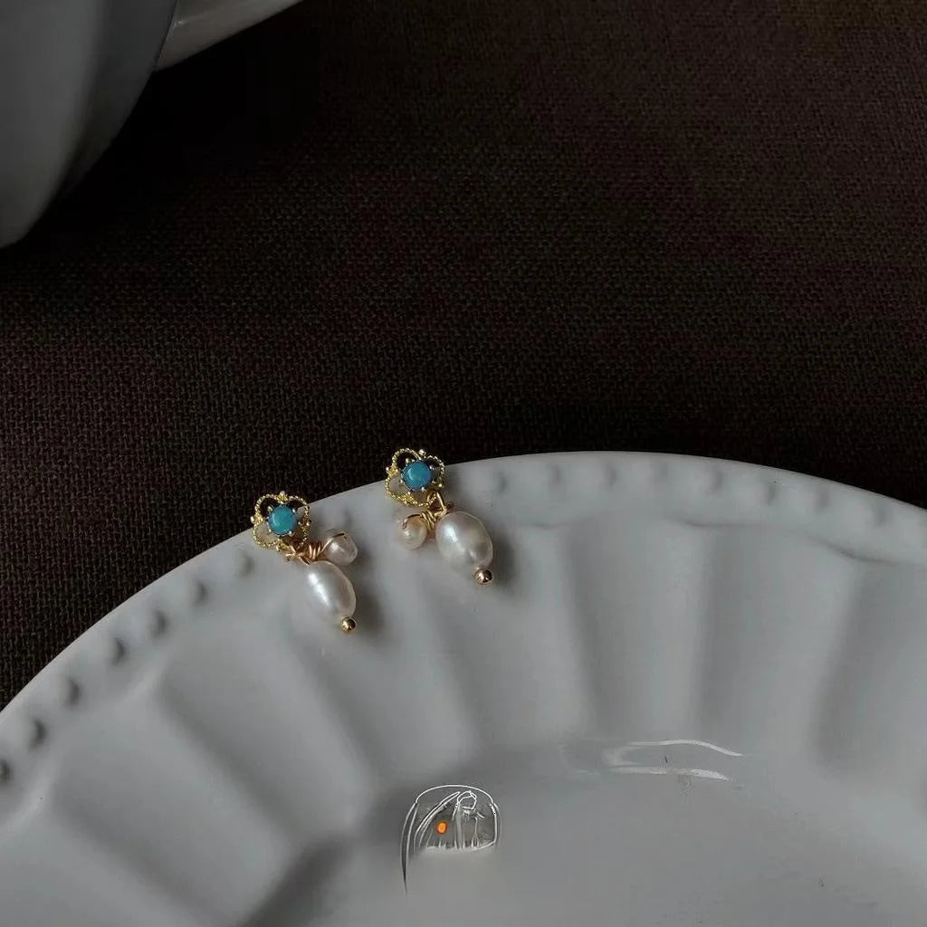 Blue Iridescent Freshwater Pearl Stud Earrings 14K Plated French Vintage Jewelry