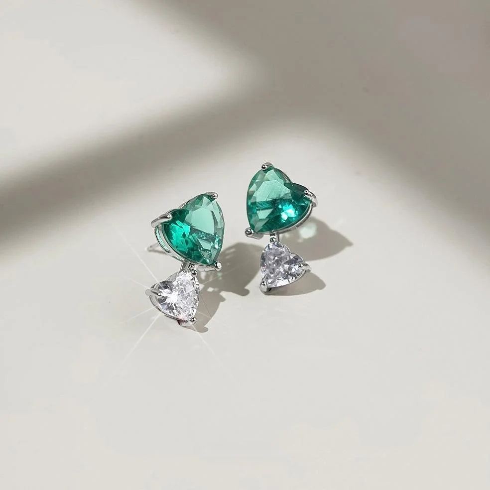 Vintage Green Zircon Heart Stud Earrings, Silver Plated Romantic Fashion Jewelry