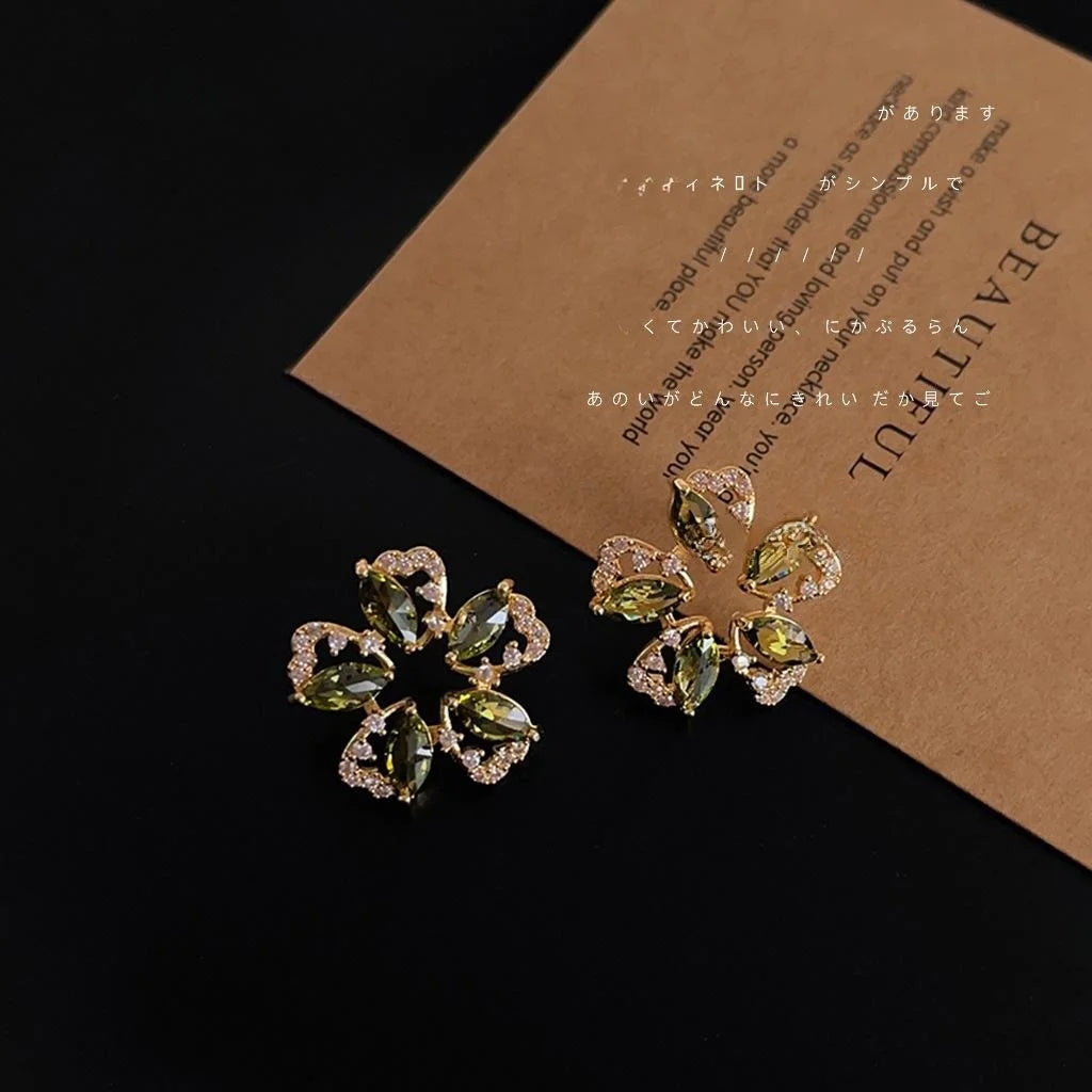 14K Plated Copper Olive Green Zircon Flower Stud Earrings For Women Fashion Jewelry