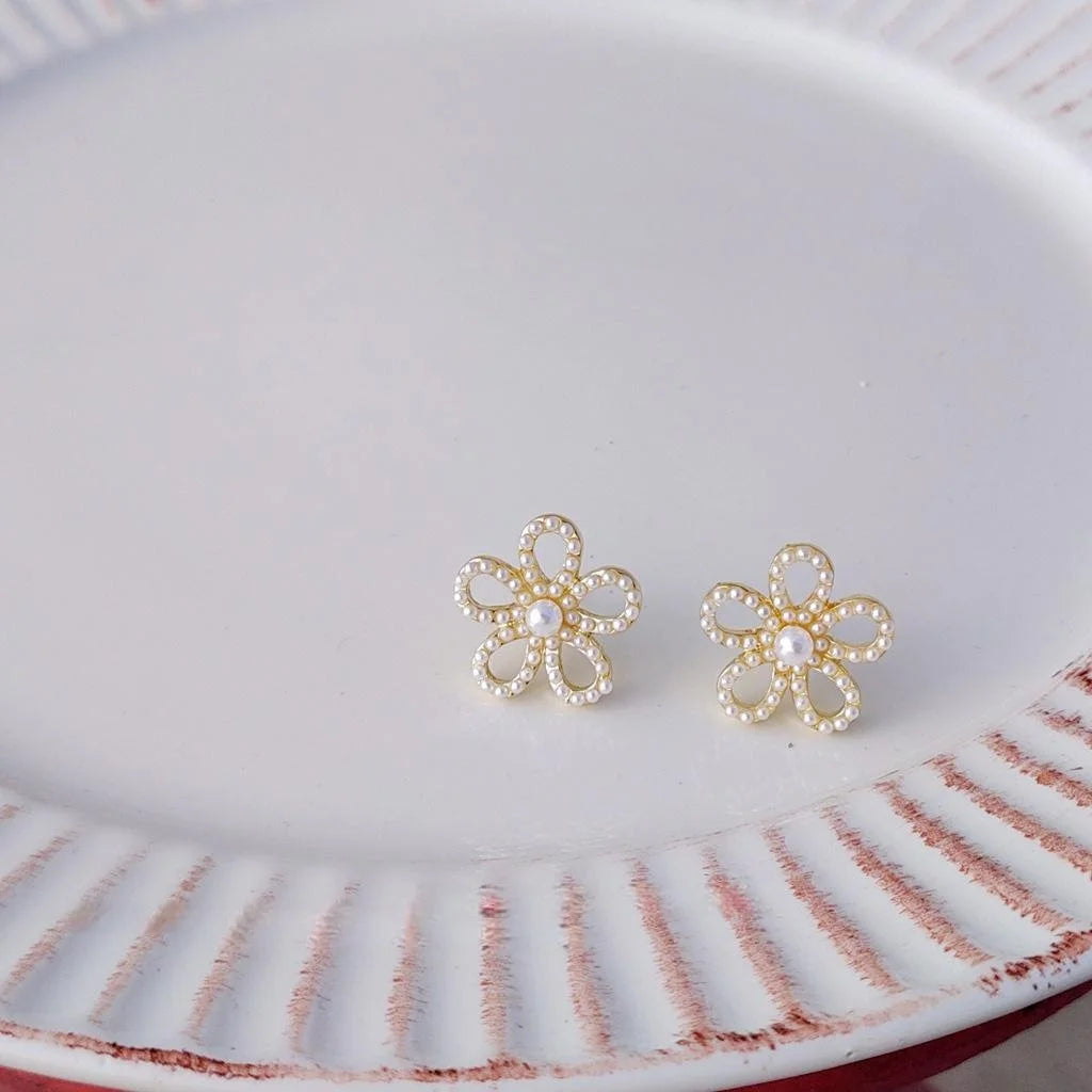 14K Gold Plated Alloy Small Flower Pearl Stud Earrings For Women