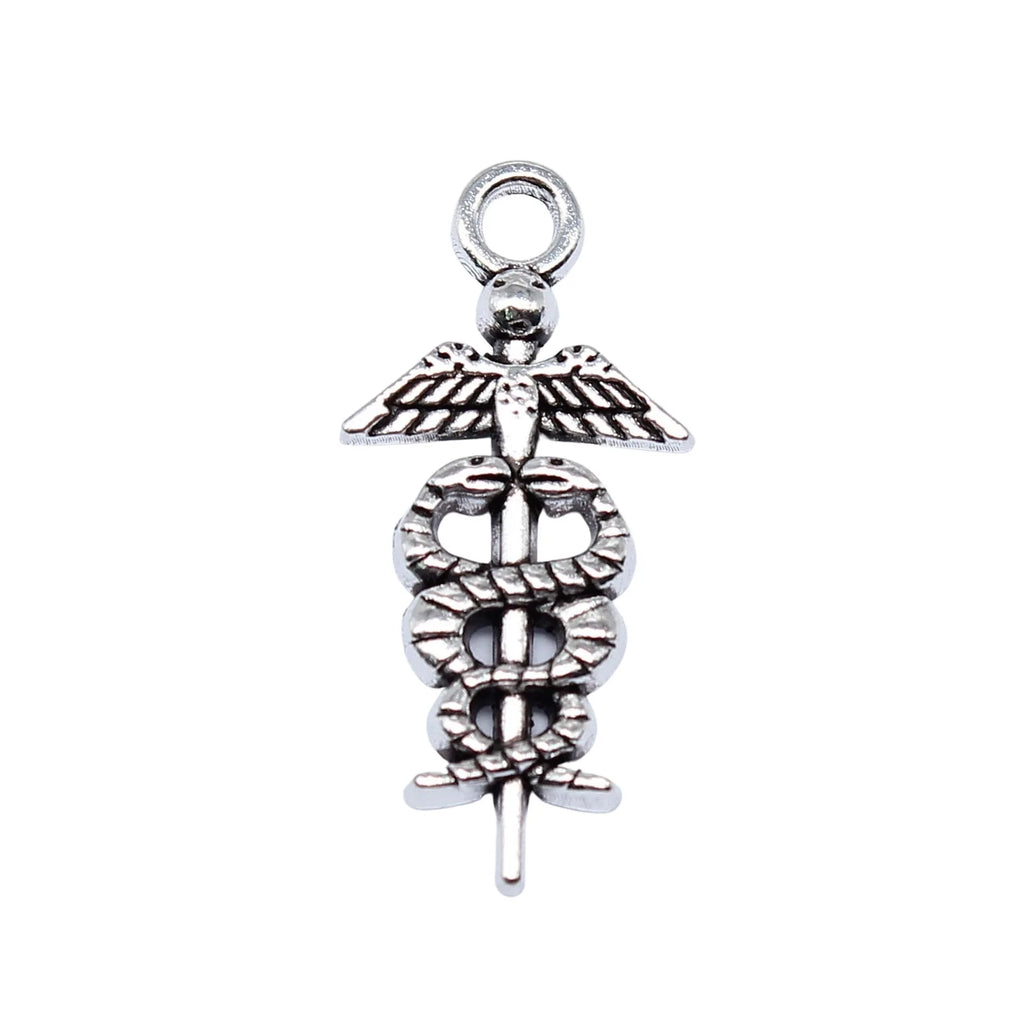 26x12mm 1.3g Antique Silver Zinc Alloy Caduceus Charm Pendant for DIY Medical Theme Jewelry