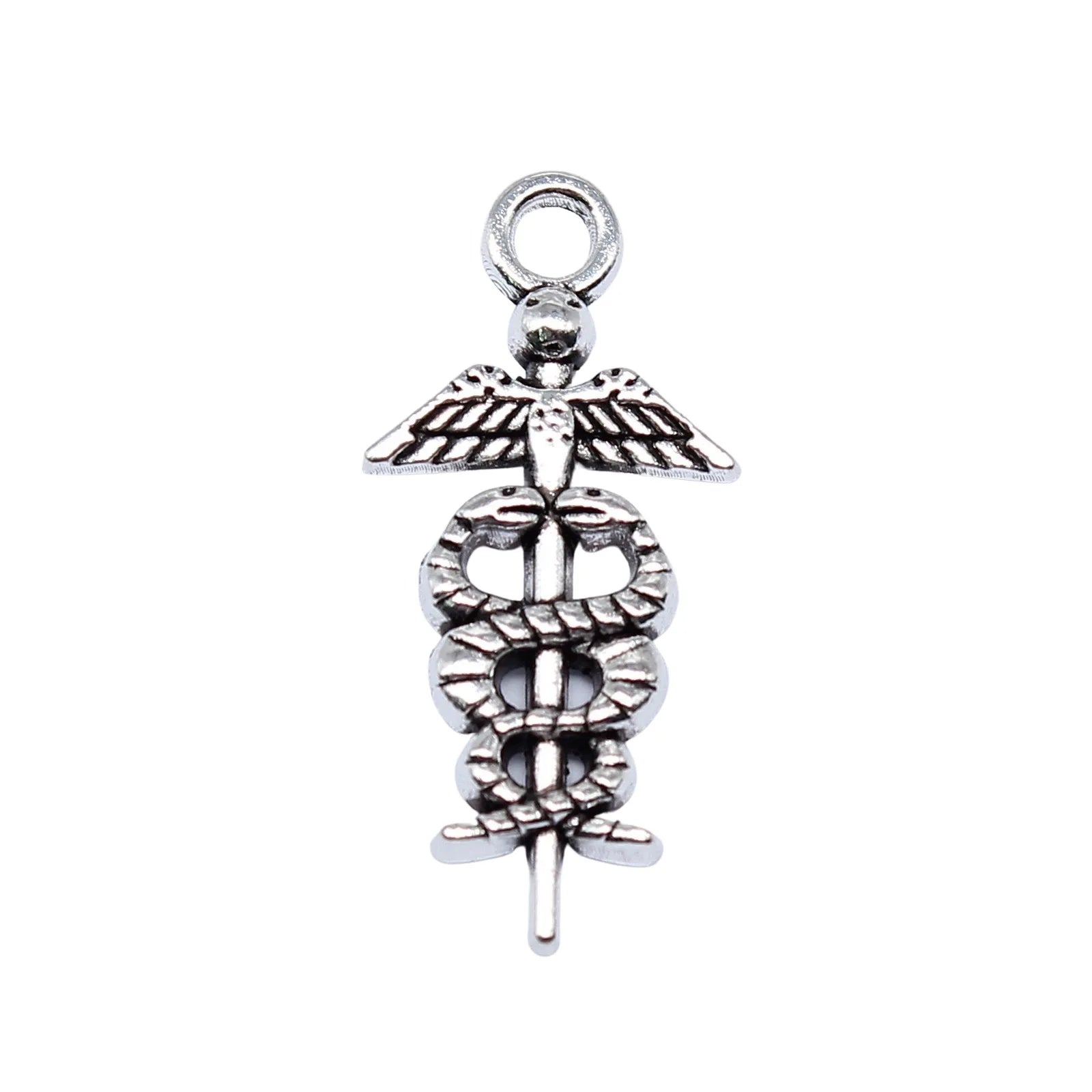 26x12mm 1.3g Antique Silver Zinc Alloy Caduceus Charm Pendant for DIY Medical Theme Jewelry