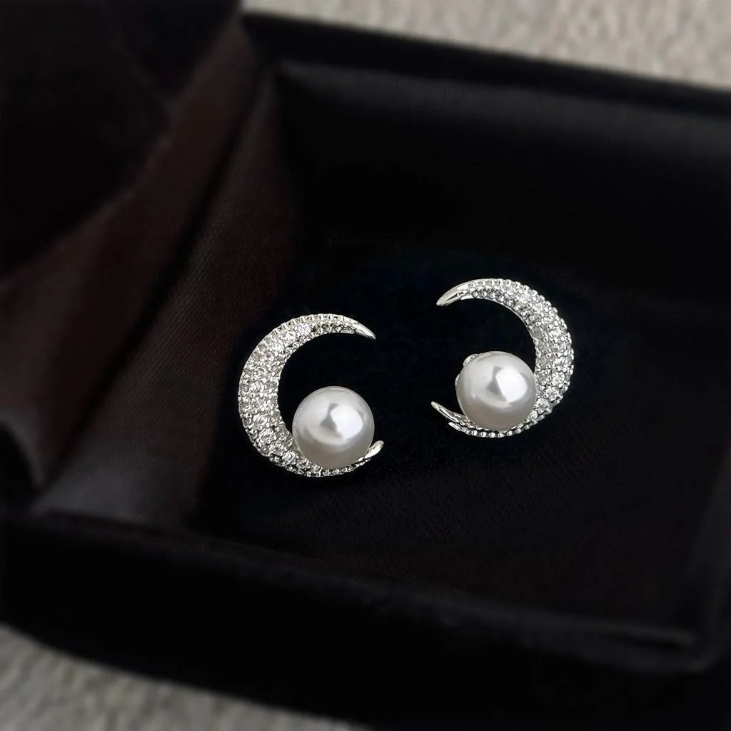 Copper Pearl Moon Stud Earrings Micro Pave Zircon Geometric Light Luxury Fashion Jewelry
