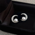 Copper Pearl Moon Stud Earrings Micro Pave Zircon Geometric Light Luxury Fashion Jewelry