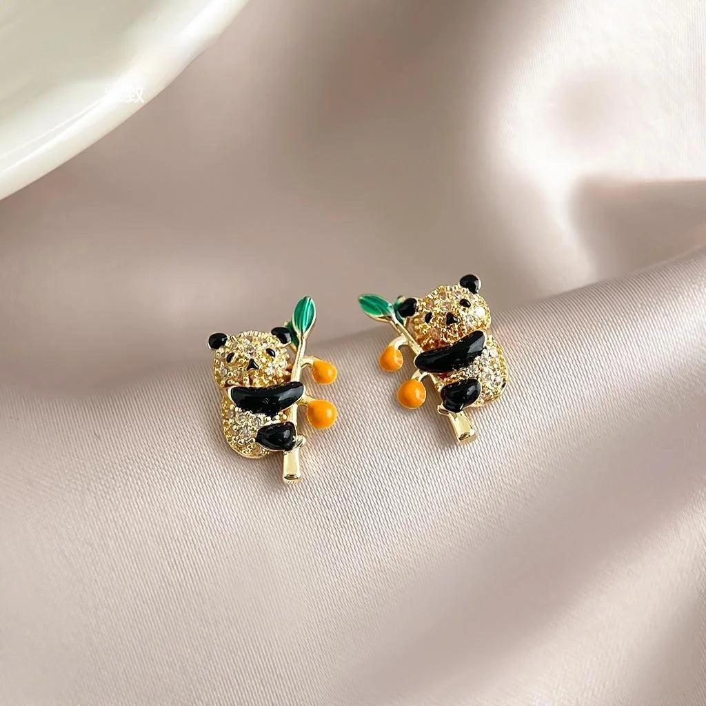 Silver Plated Copper Micro Pave Zircon Enamel Panda Stud Earrings Cute Luxury Animal Fashion Jewelry