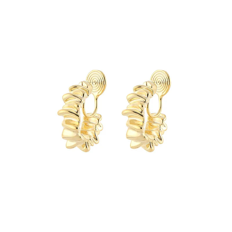 Elegant Gold Alloy Wrinkled Spiral Hoop Earrings, Stud & Clip On No Piercing Croissant Metal Earrings