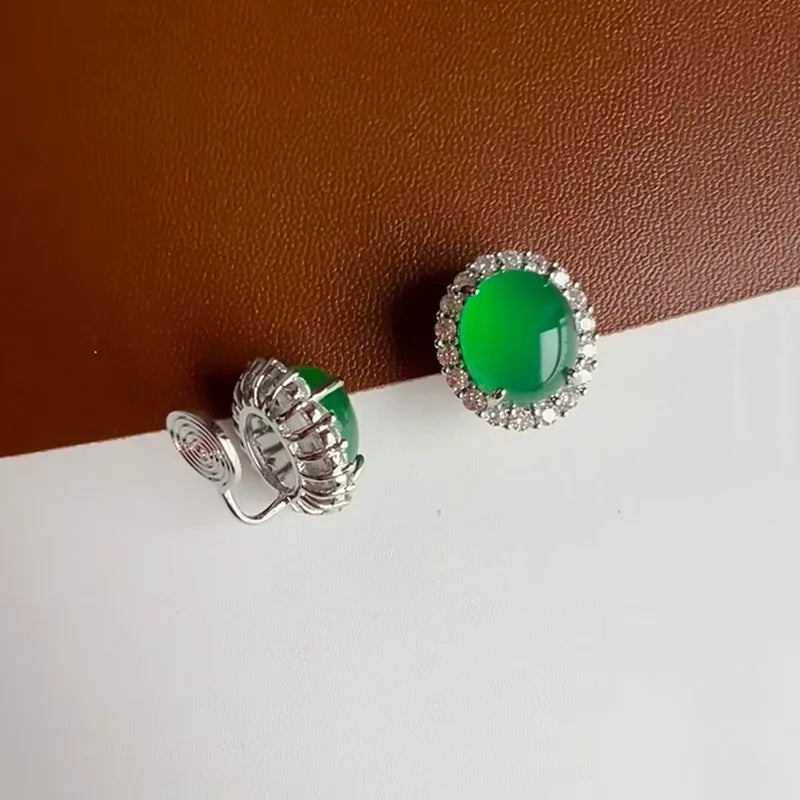 Elegant Oval Green Agate Rhinestone Halo Stud & Clip On No Piercing Vintage Chinese Style Earrings