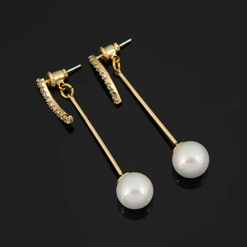 Elegant Luxury Women Long Pearl Drop Spiral Zircon Alloy Stud & Clip On No Piercing Dangle Earrings