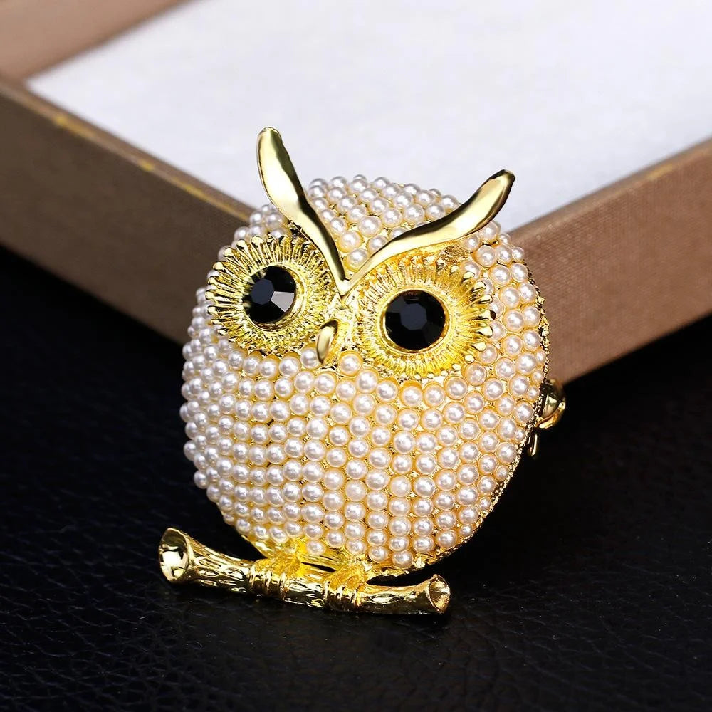 Elegant Gold Owl Brooch With Faux Pearl Beads And Black Rhinestone Eyes, Luxury Lapel Pin Corsage Gift