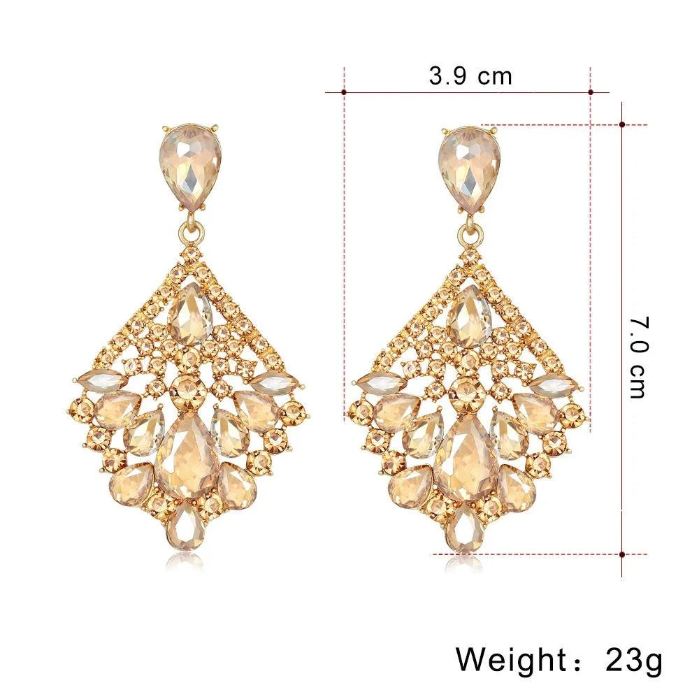 Vintage Geometric Hollow Rhombus Green Crystal Rhinestone Alloy Drop Earrings For Wedding Party Bridal Gift