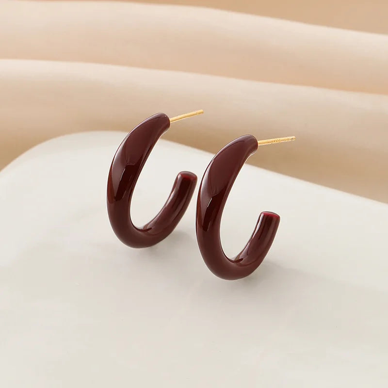 Vintage Burgundy Enamel Thick C Hoop Stud & Clip On No Piercing Glossy Alloy Open Circle Earrings