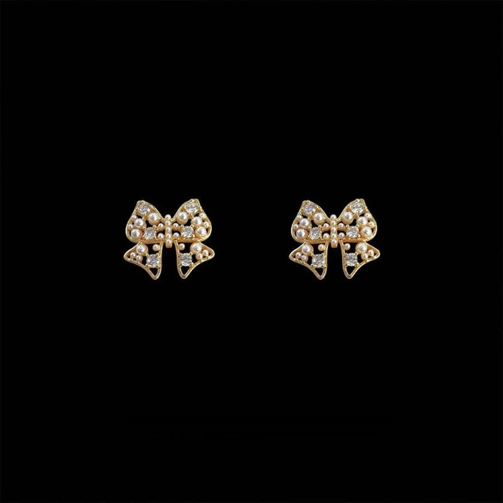 14K Gold Plated Copper Bow Stud Earrings Micro Pave Zircon Hollow Light Luxury Jewelry