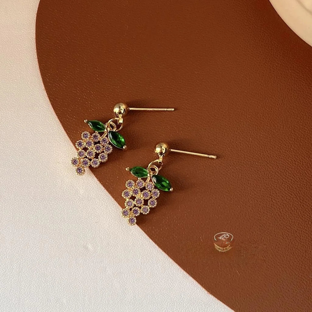 French Vintage Copper Zircon Grape Cluster Drop Earrings Sweet Fruit Design Jewelry