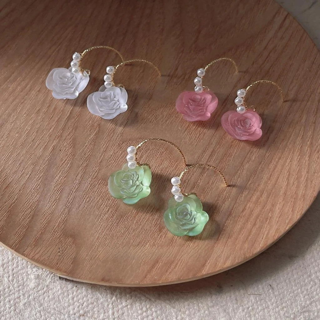 Vintage Handmade Matte Resin Rose Drop Earrings Small Luxury Floral Jewelry