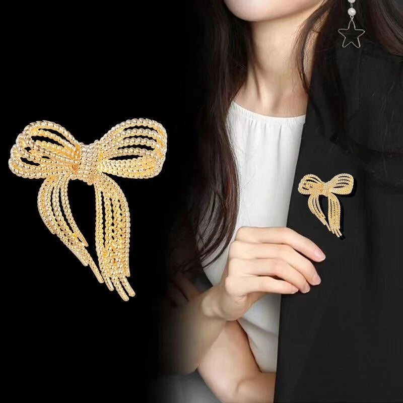 Elegant Silver Alloy Bow Brooch For Women, Beaded Fashion Lapel Pin Corsage Suit Accessory Gift