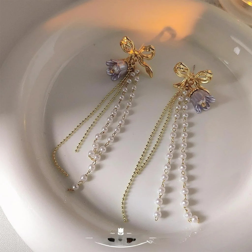 Forest Style Handmade Copper Bow Pearl Tassel Stud Earrings With Silver Plated Pins