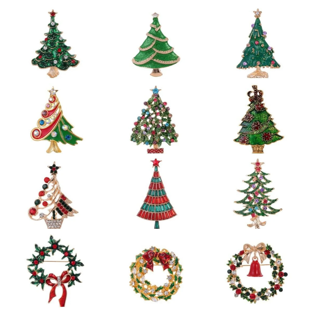 Elegant Christmas Tree And Wreath Enamel Rhinestone Alloy Brooch, Festive Lapel Pin Corsage Gift