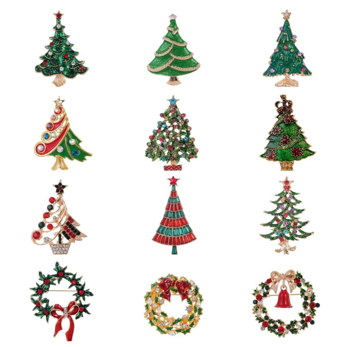 Elegant Christmas Tree And Wreath Enamel Rhinestone Alloy Brooch, Festive Lapel Pin Corsage Gift