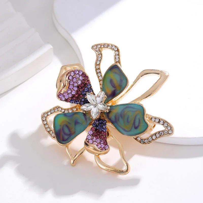 Elegant Floral Rhinestone Enamel Alloy Brooch, Luxury Flower Lapel Pin Corsage For Coat Sweater Gift