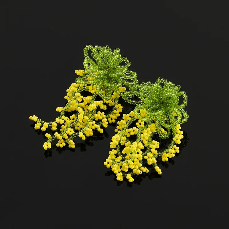 Green And Yellow Crystal Beaded Flower Tassel Stud & Clip On No Piercing Statement Drop Earrings