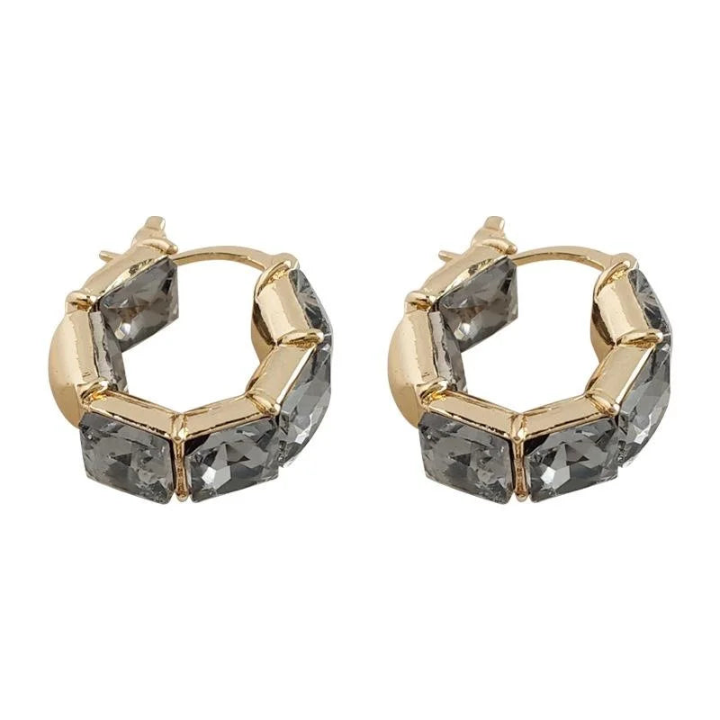 French Luxury Gray Glass Crystal Geometric Ring Drop Earrings, Niche Sugar Cube Style