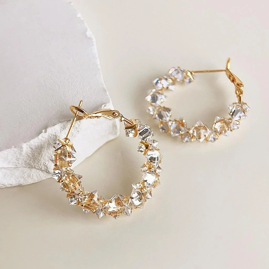 18K Gold Plated Copper Geometric Round Zircon Hoop Earrings, Thick Shiny Luxury Style