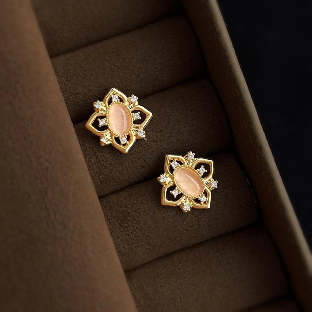 Light Luxury 14K Plated Copper Geometric Hollow Stud Earrings With Zircon Glass Cat Eye Stones