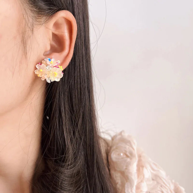 Sweet Colorful Handmade Crystal Beaded Daisy Flower Stud & Clip On No Piercing Vacation Style Earrings