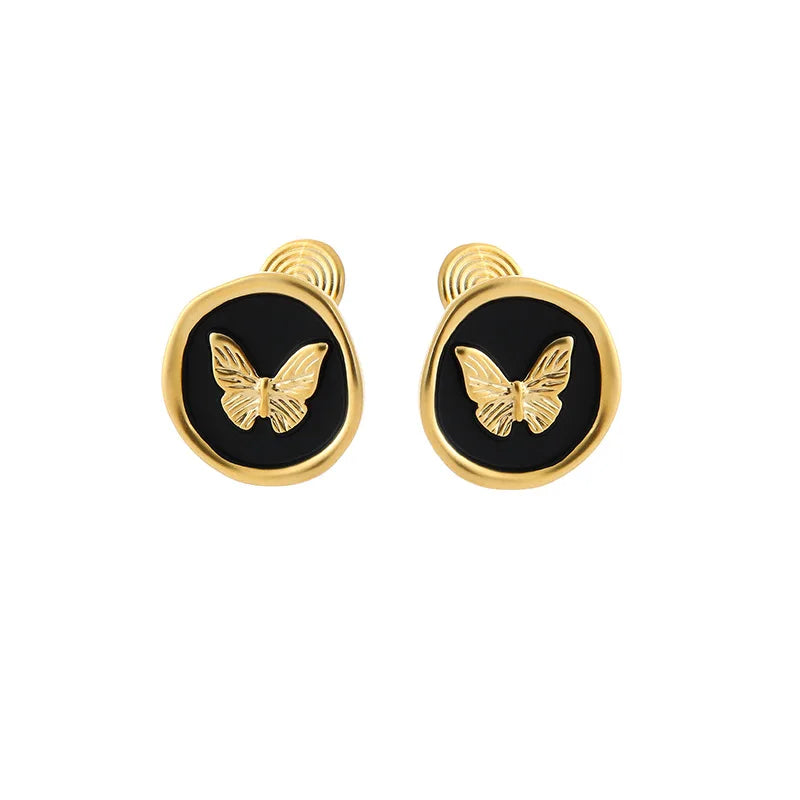 Vintage Matte Gold Alloy Black Enamel Butterfly Round Stud & Clip On No Piercing French Style Earrings