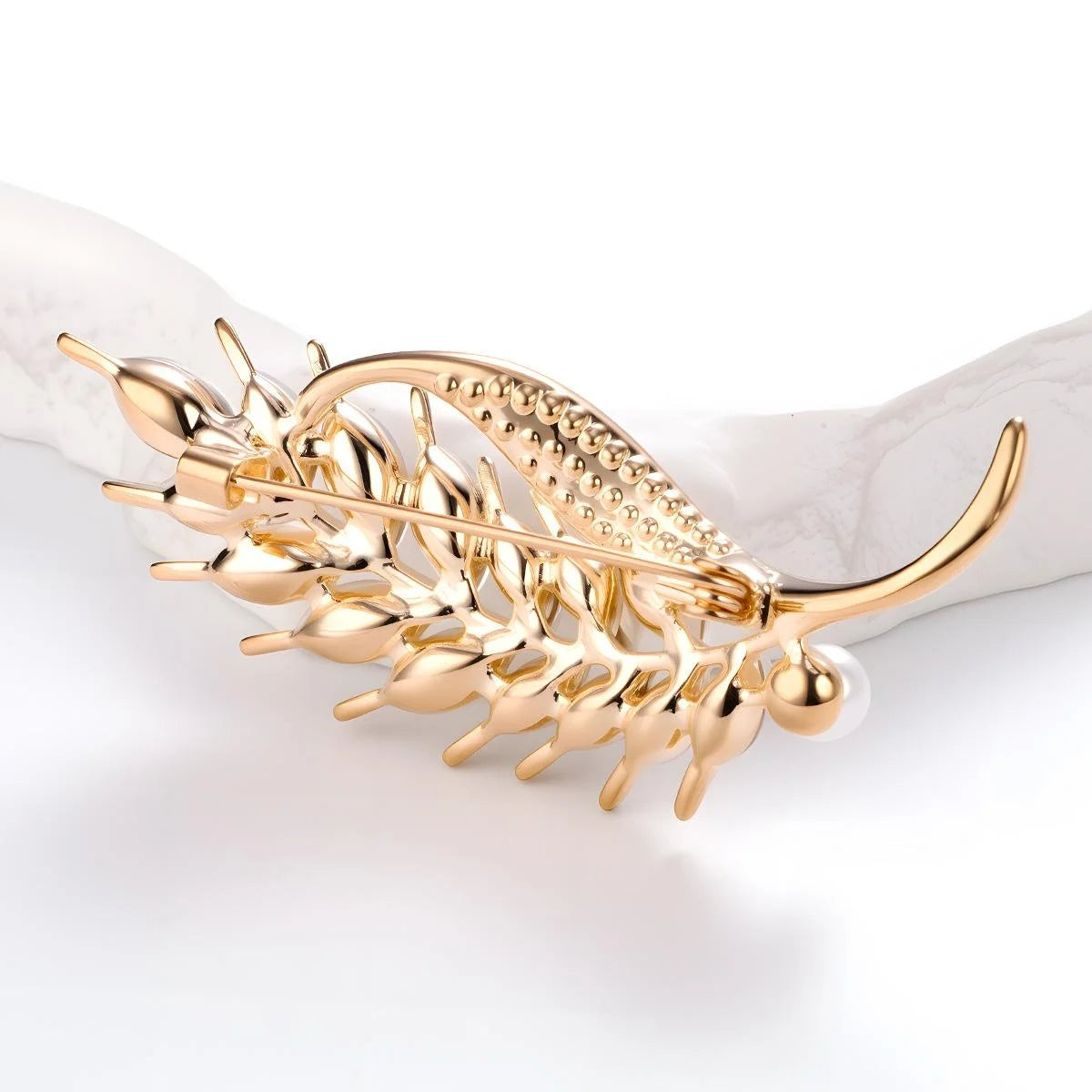 Elegant Wheat Sheaf Brooch With Amber Rhinestones And Faux Pearl, Gold Alloy Lapel Pin Suit Accessory