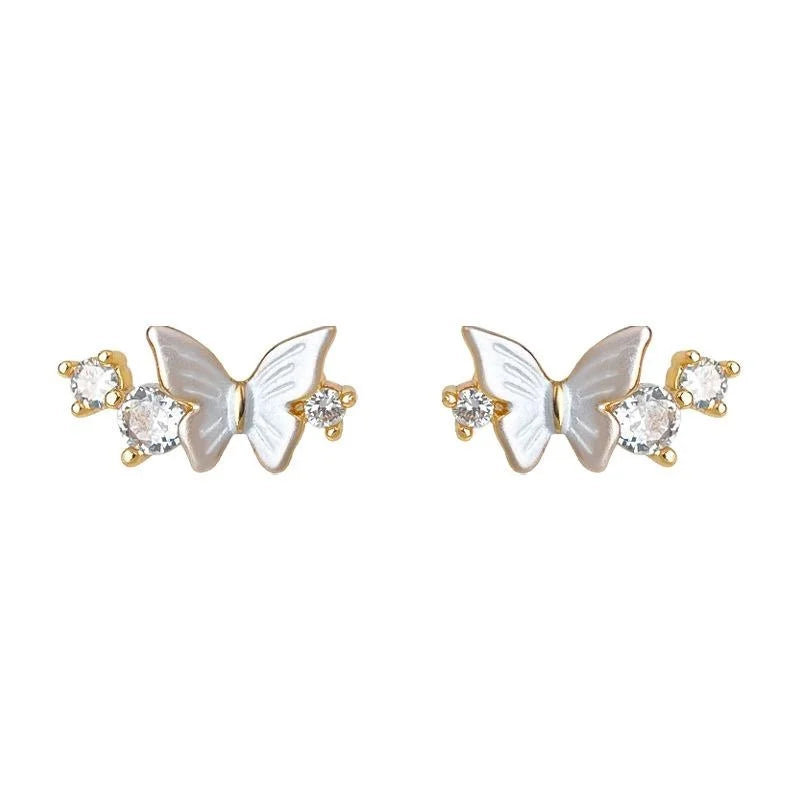 14K Plated Copper Butterfly Stud Earrings, Micro Pave Zircon Minimalist Jewelry