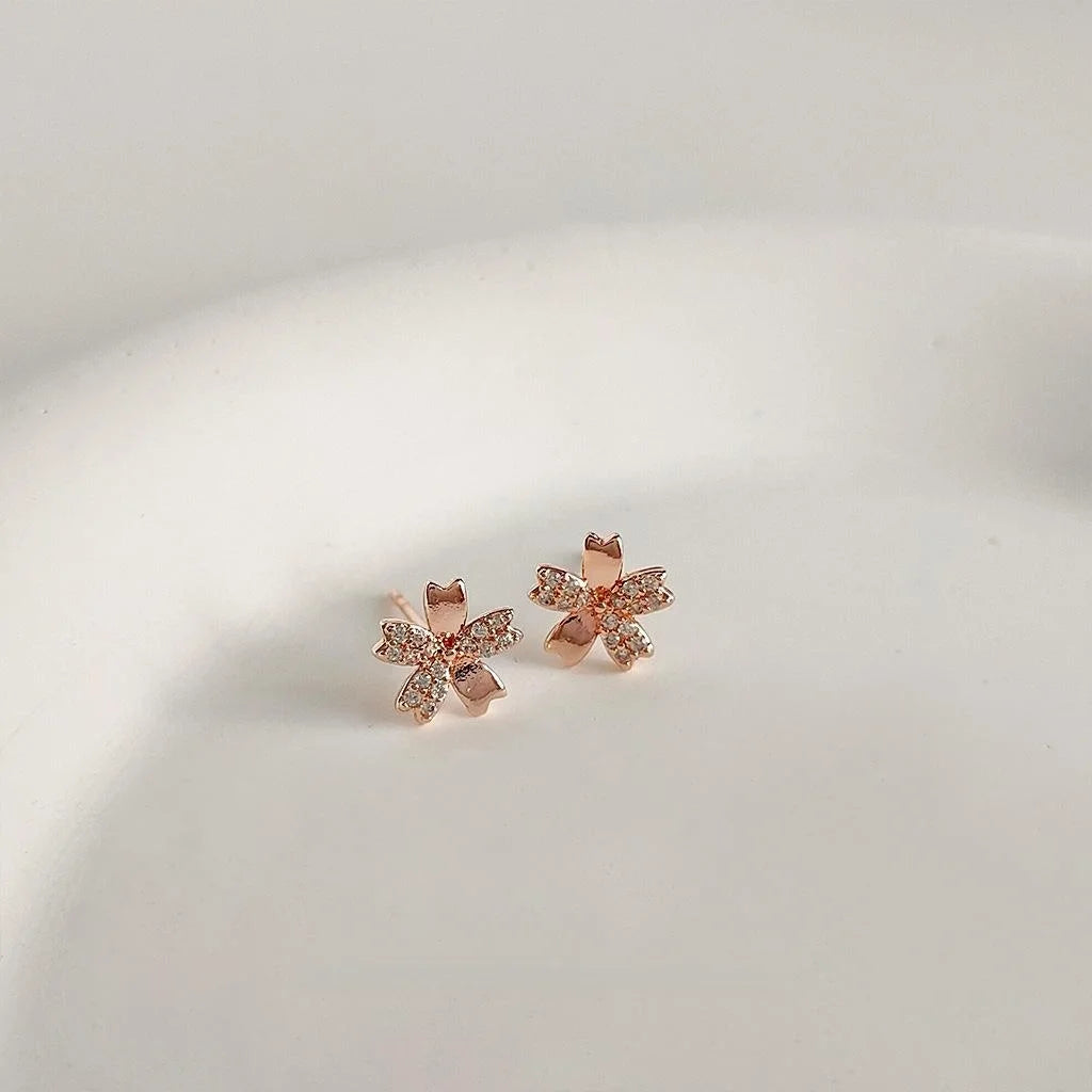 Mini Rose Gold Plated Copper Micro Pave Zircon Flower Stud Earrings