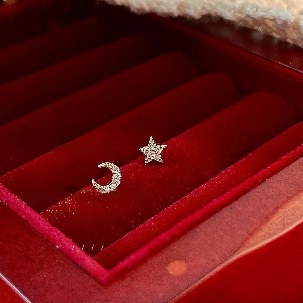 Mini 14K Gold Plated Copper Star Moon Zircon Stud Earrings, Minimalist Tiny Jewelry