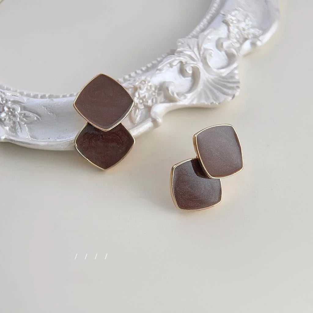 Maillard Brown Geometric Rhombus Drop Earrings Copper French Hong Kong Style