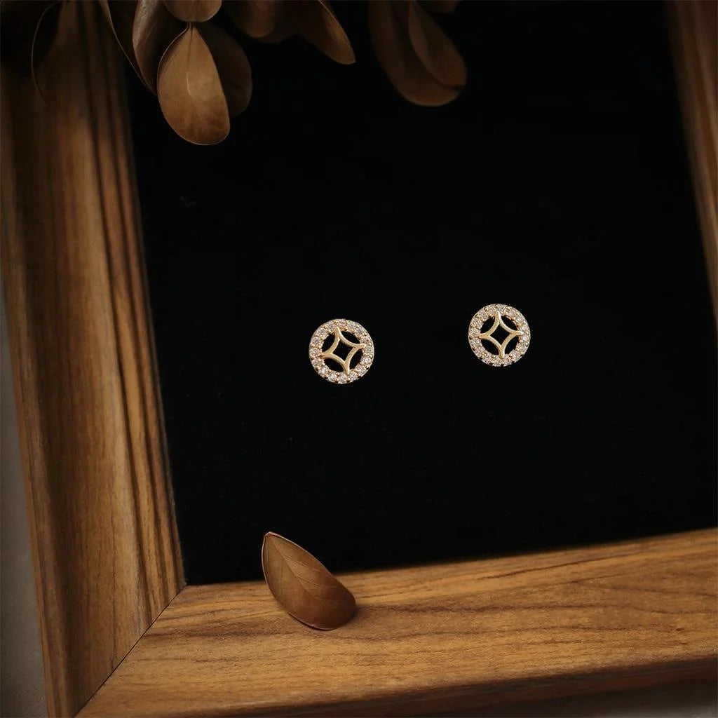 Light Luxury 14K Gold Plated Copper Micro Pave Zircon Round Geometric Stud Earrings