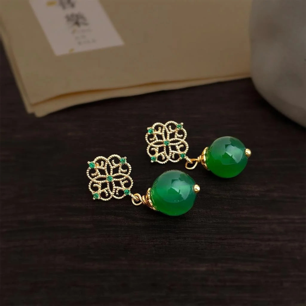 New Chinese Style Green Agate Zircon Micro Pave Hollow Lace Copper Drop Earrings