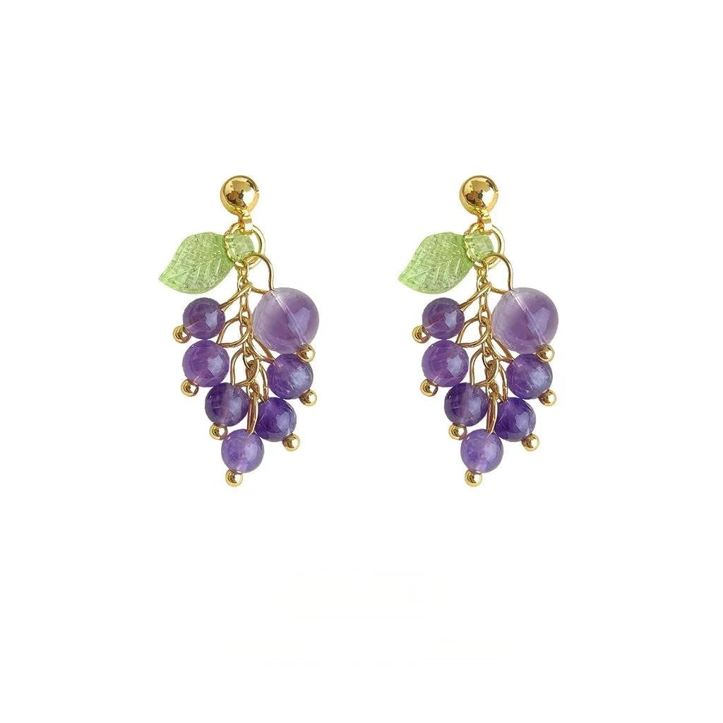 Natural Amethyst Grape Cluster Stud Earrings Handmade Fresh Sweet Forest Style Jewelry