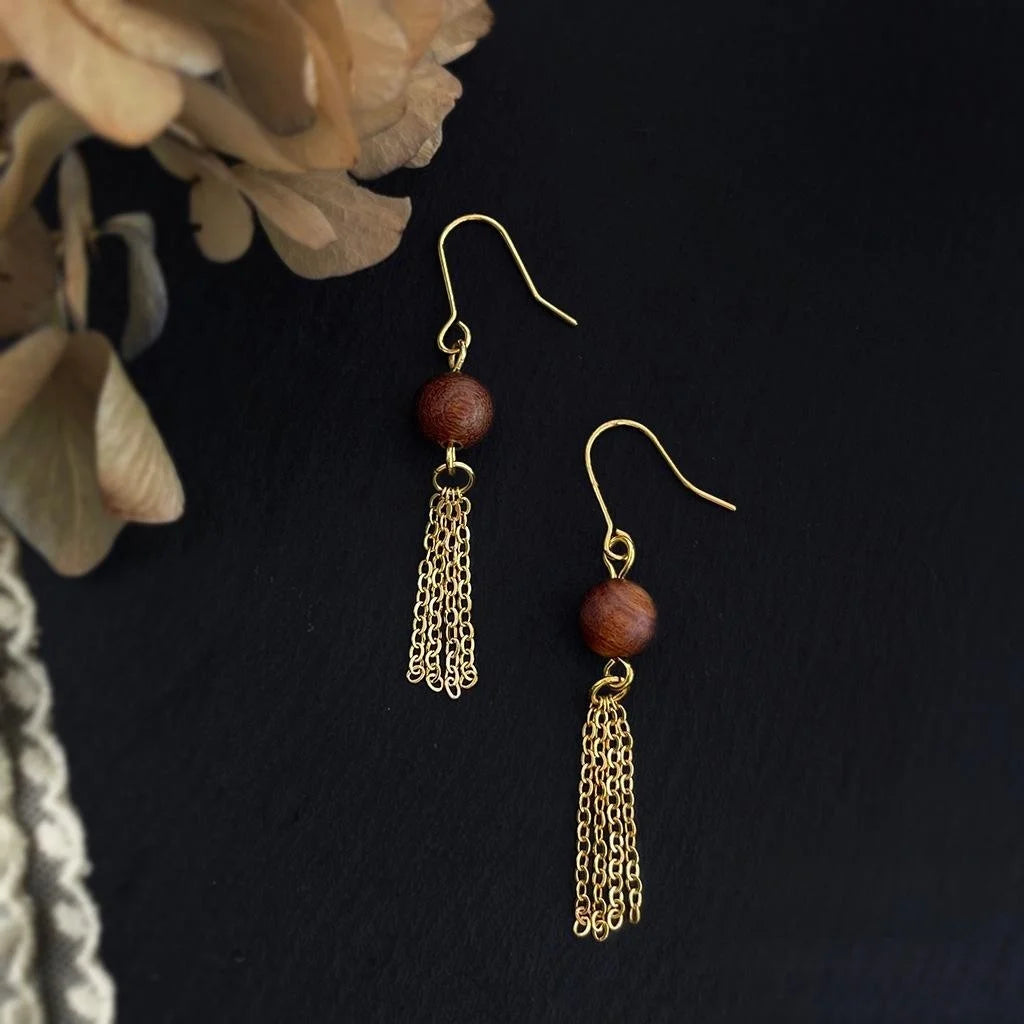 Handmade Wooden Geometric Tassel Drop Earrings for Women Vintage Maillard Style Long Jewelry