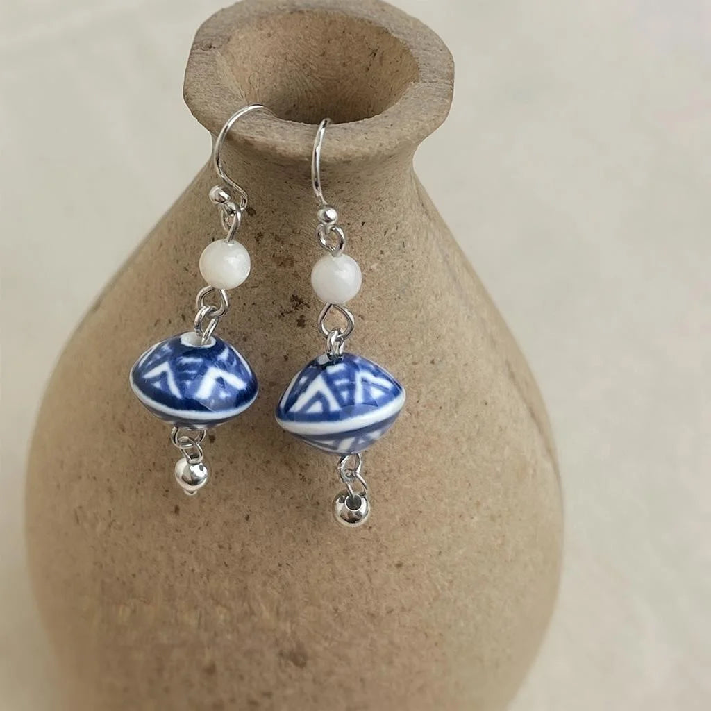 Handmade Chinese Style Blue And White Porcelain Ceramic Shell Geometric Diamond Drop Earrings